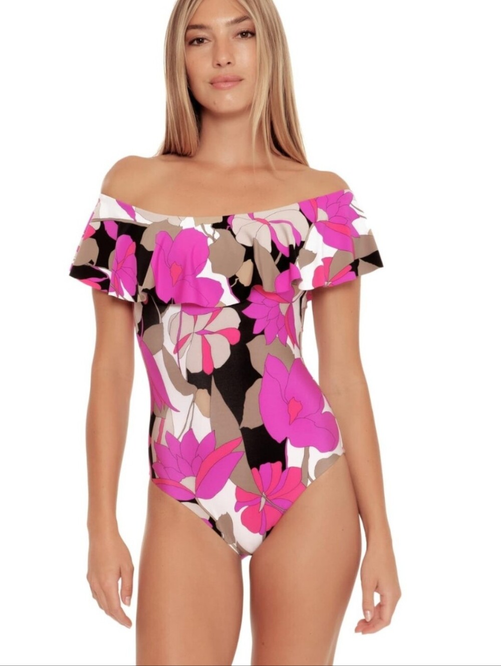 Trina Turk Off The Shoulder Magenta Pink/Purple White Black 1 Pc Swimsuit, 6